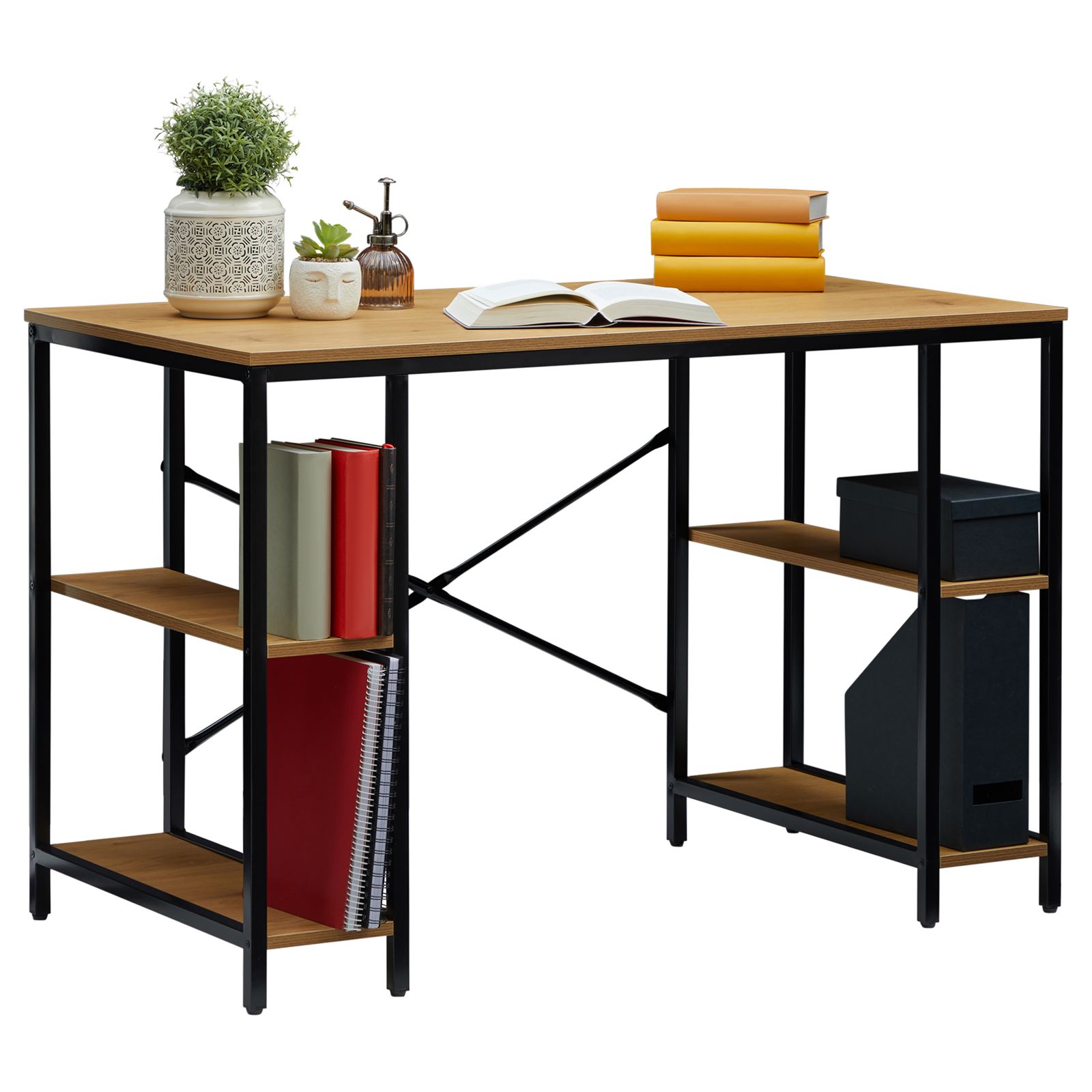 Schreibtisch im Industrial Stil aus Metall in schwarz und MDF Holz mit 4 Ablagen
