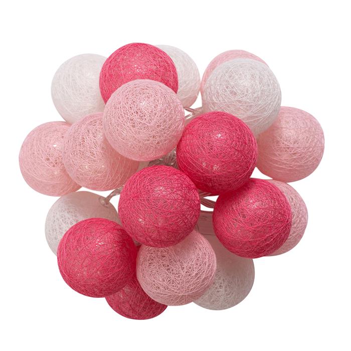 Lichterkette AMICI mit 20 Baumwollkugeln in weiß/rosa/pink