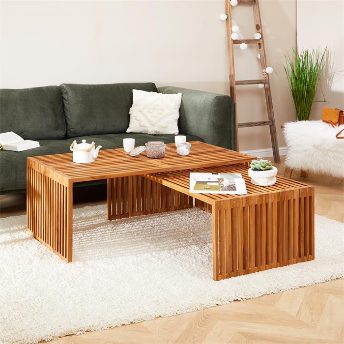 Lamellen-Couchtisch HAVANA 2er Set - Teak Natur