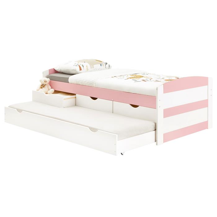 Bett mit Stauraum JESSY 90x190 cm, mit Ausziehbett in weiß/rosa