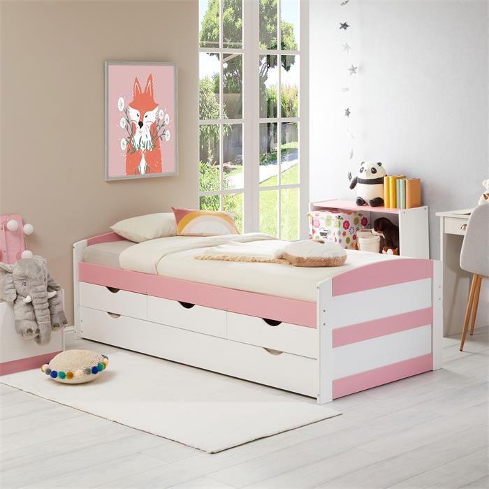 Bett mit Stauraum JESSY 90x190 cm, mit Ausziehbett in weiß/rosa