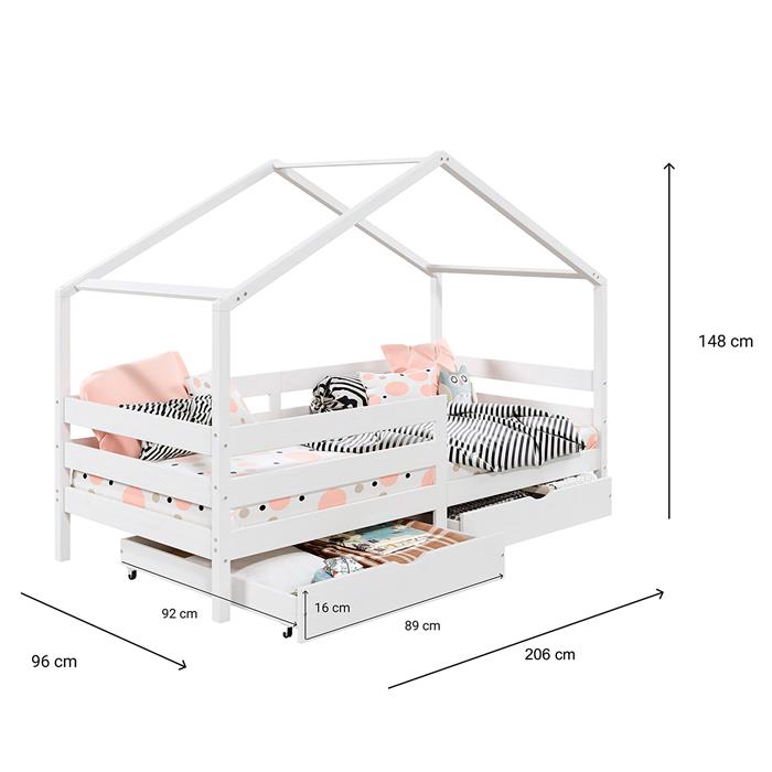Hausbett ENA 90 x 200 cm mit Rausfallschutz und zwei Schubladen in weiß