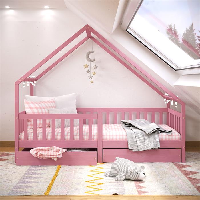 Hausbett ALVA in 90 x 200 cm aus massiver Kiefer mit Schubladen in rosa