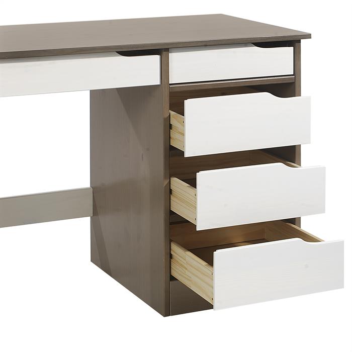 Schreibtisch HUGO in Kiefer massiv in taupe/weiß mit 5 Schubladen