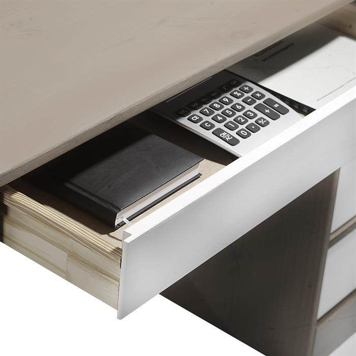 Schreibtisch HUGO in Kiefer massiv in taupe/weiß mit 5 Schubladen