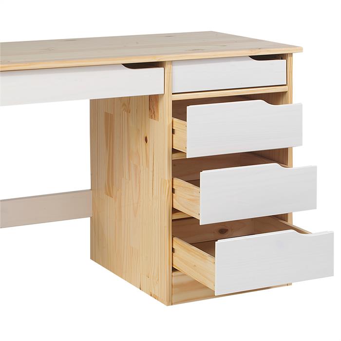 Schreibtisch HUGO in Kiefer massiv in natur/weiß mit 5 Schubladen