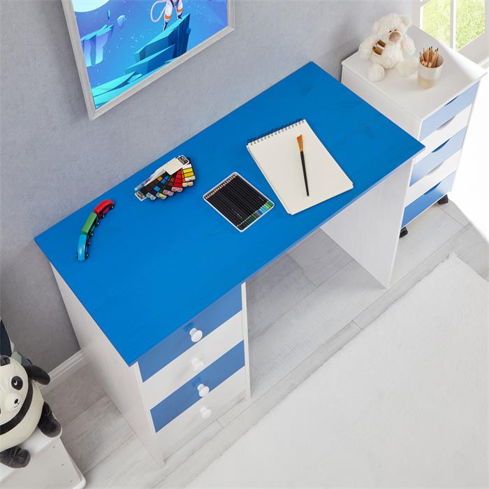 Schreibtisch ARNE mit 4 Schubladen in weiß/blau
