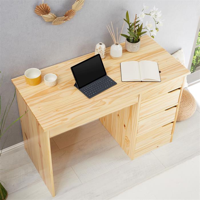 Schreibtisch HUGO in Kiefer massiv in natur mit 5 Schubladen