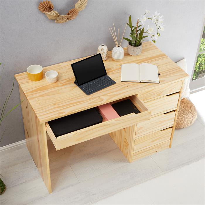 Schreibtisch HUGO in Kiefer massiv in natur mit 5 Schubladen