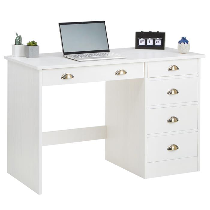 Schreibtisch LANA aus Kiefer in weiß mit 5 Schubladen und Muschelgriffen