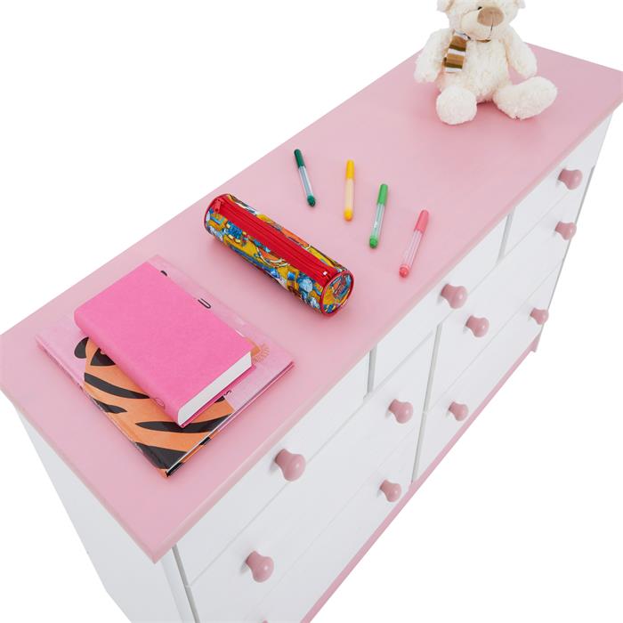 Sideboard RONDO, Kiefer massiv mit 7 Schubladen in weiß/rosa