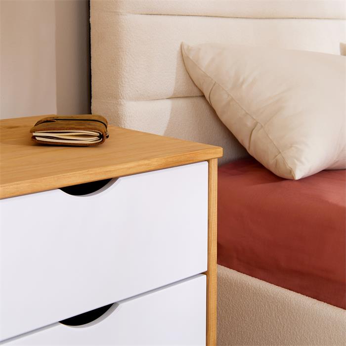 Nachttisch COLIMA mit zwei Schubladen, Kiefer natur & weiß lackiert