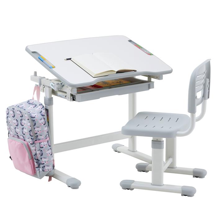 Kinderschreibtisch mit Stuhl TUTTO, höhenverstellbar und neigbar, in weiß/grau