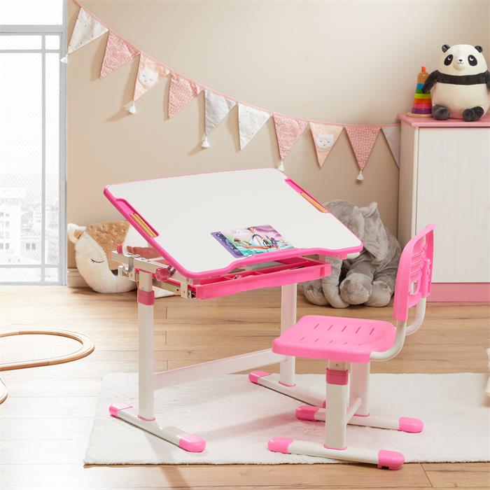 Kinderschreibtisch mit Stuhl TUTTO, höhenverstellbar und neigbar, in weiß/rosa