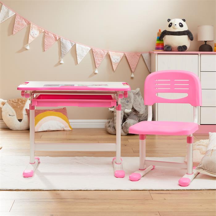 Kinderschreibtisch mit Stuhl TUTTO, höhenverstellbar und neigbar, in weiß/rosa